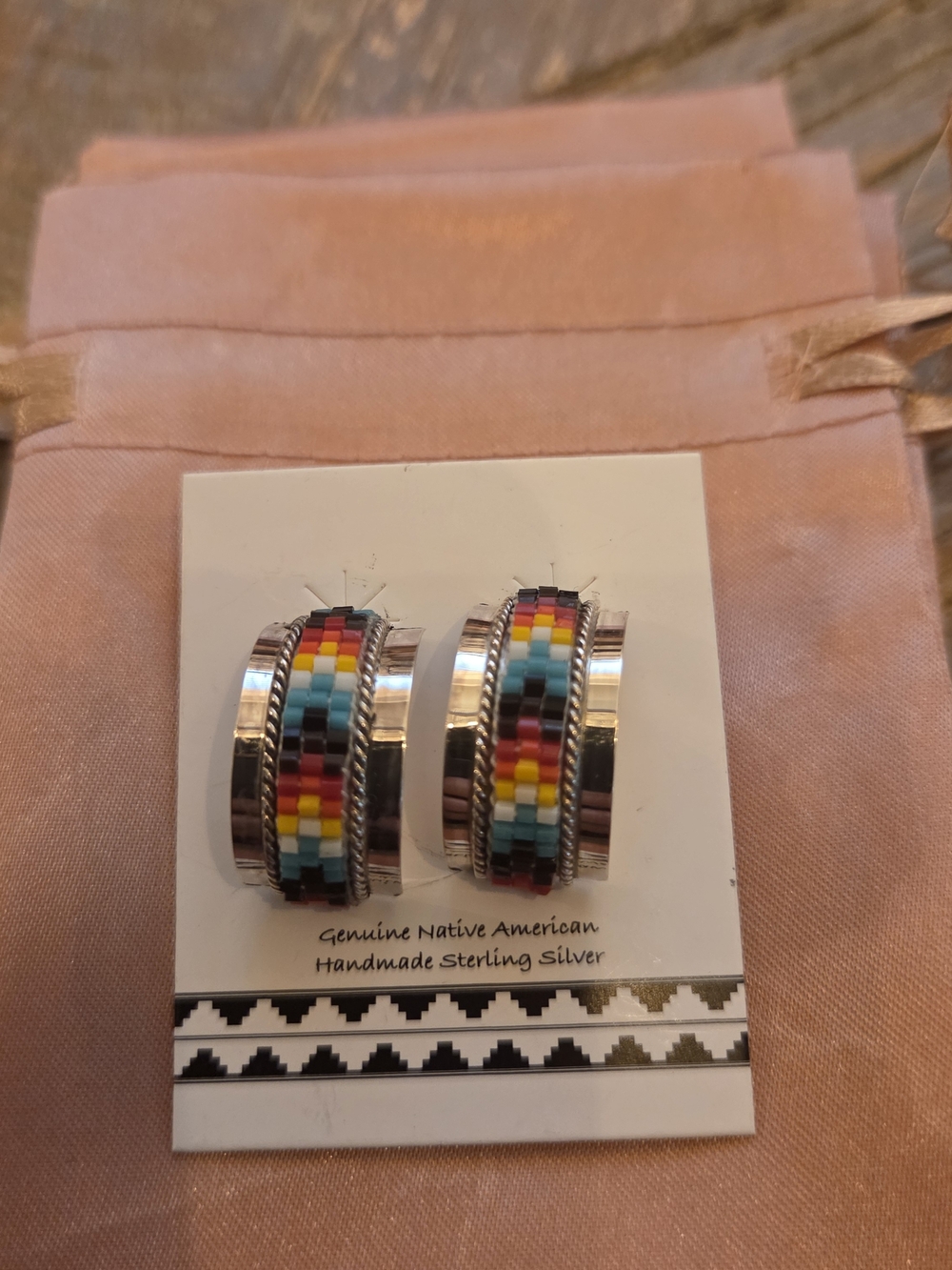 Genuine Native American Handmade Sterling Silver Multicolor Beaded Hoop Earrings